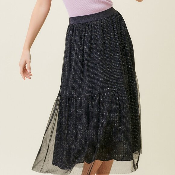 MYSTREE Black Sparkle Mesh Midi Skirt | Shimmer Tiered Tulle | Boutique Trendy - Picture 1 of 8